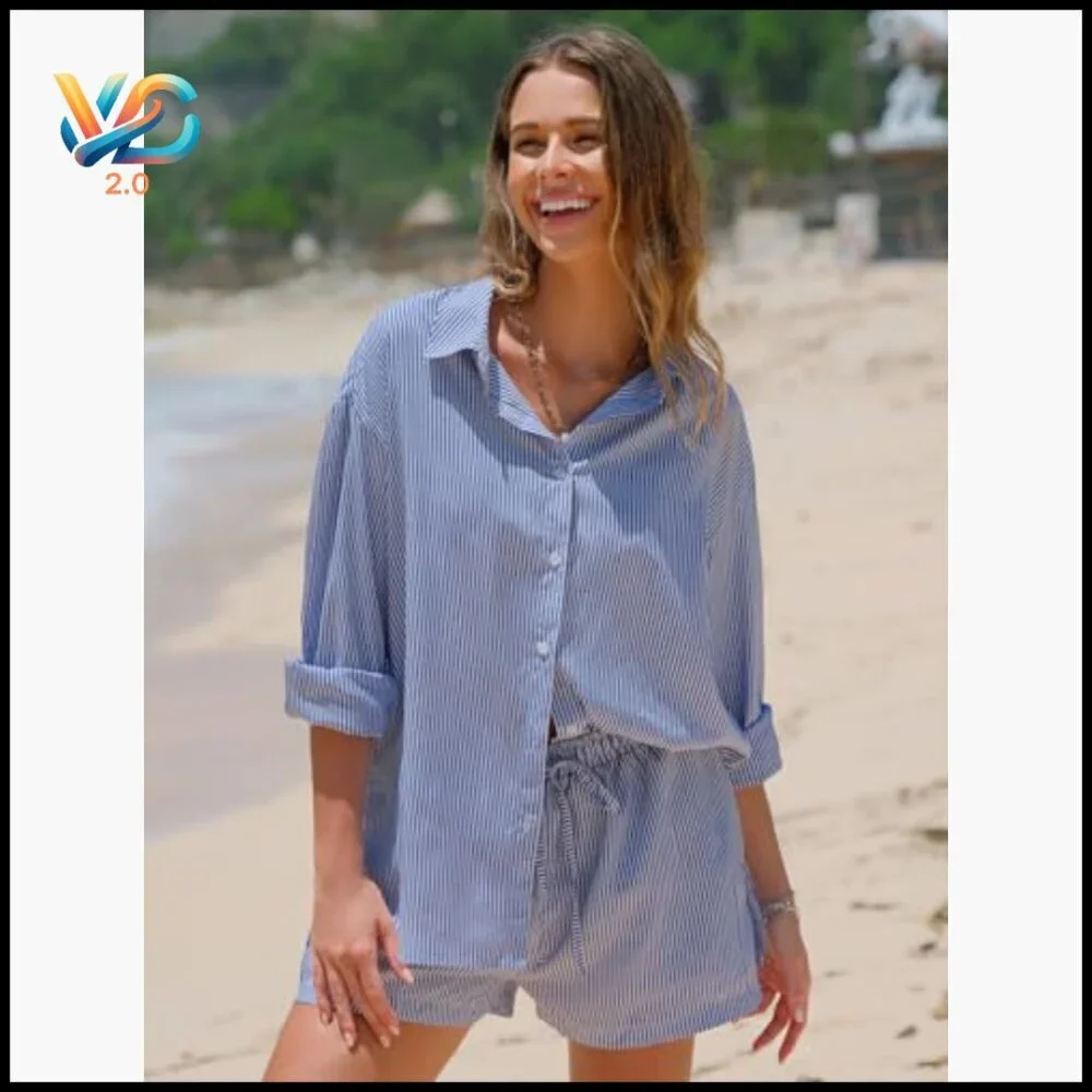 Long Sleeve Button Down Shirt Matching Shorts Set Size Small Cotton Polyester
